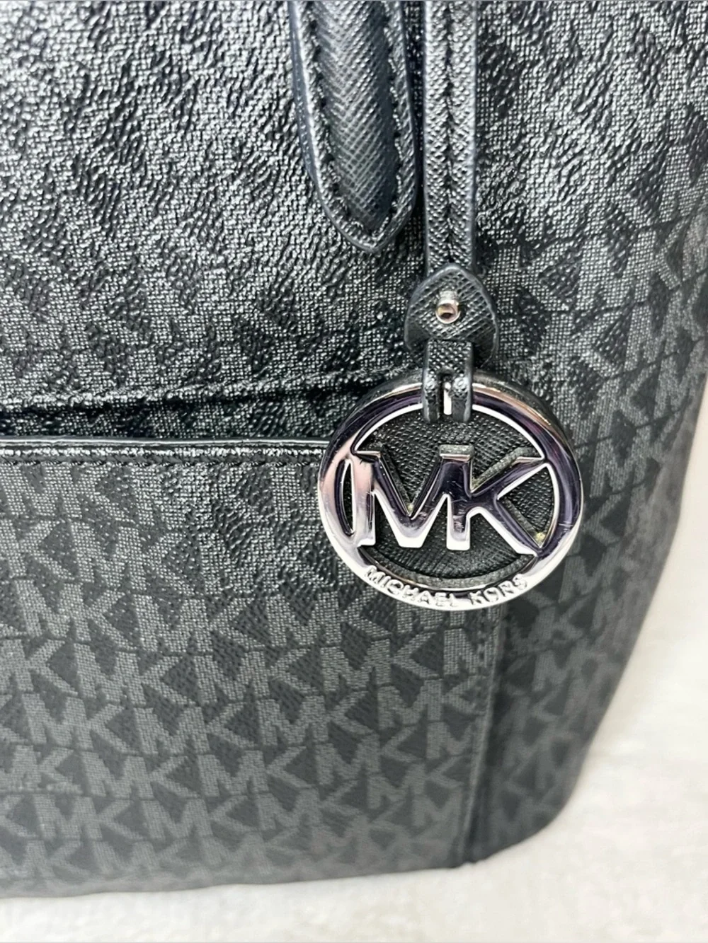 Michael Kors Black Signature MK Logo Jet Set Tote Bag with Front Pocket
